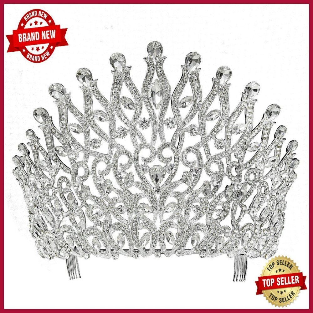 5.5" Tall Rhinestone Tiara With Hair Combs, Silver Plated Metal